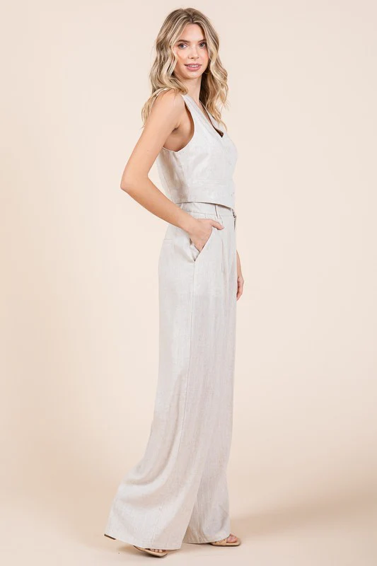 Ashlyn Linen Vest And Wide Leg Pants Set Nude