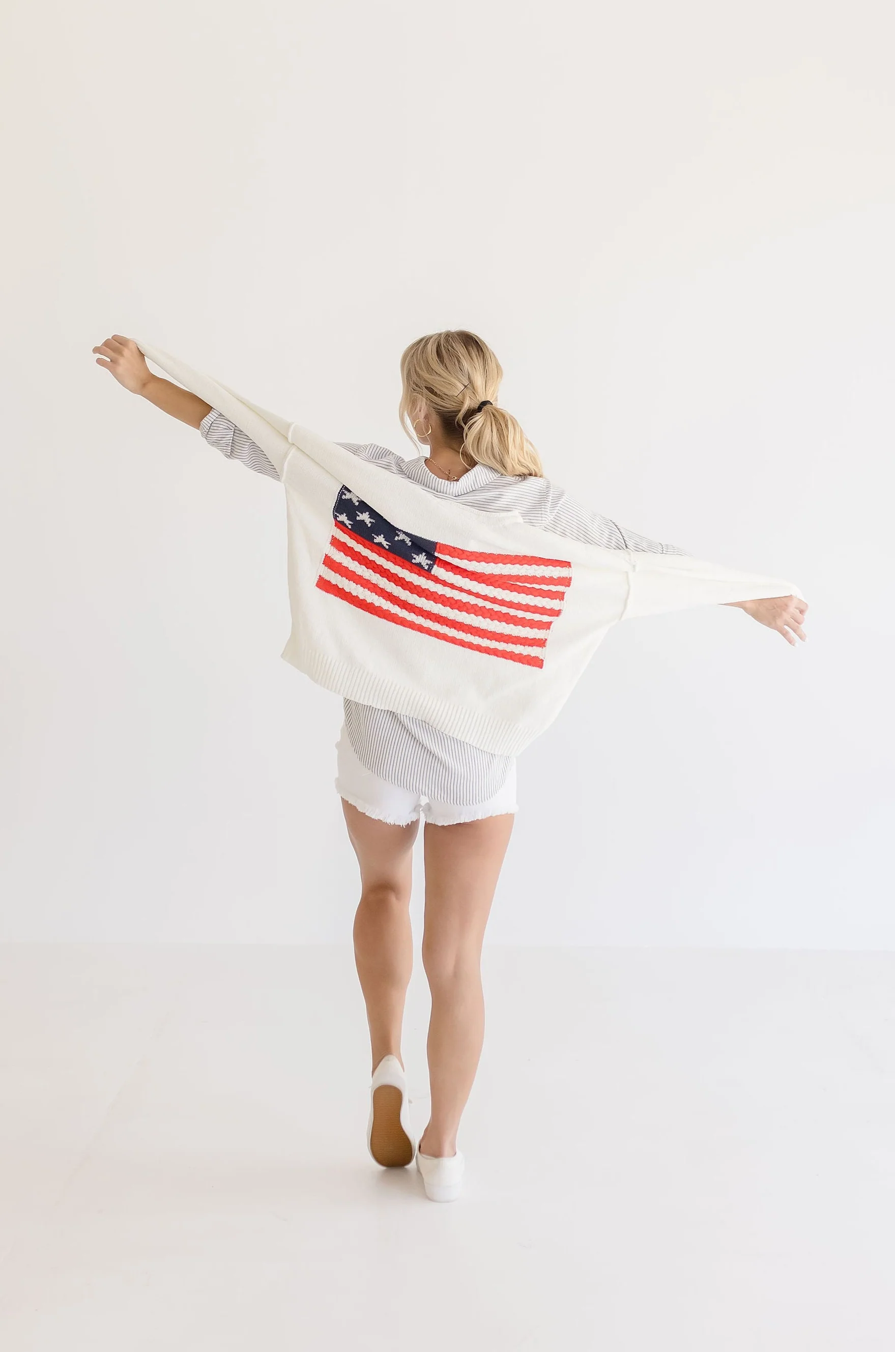 America Flag Print Long Sleeve Sweater Top White