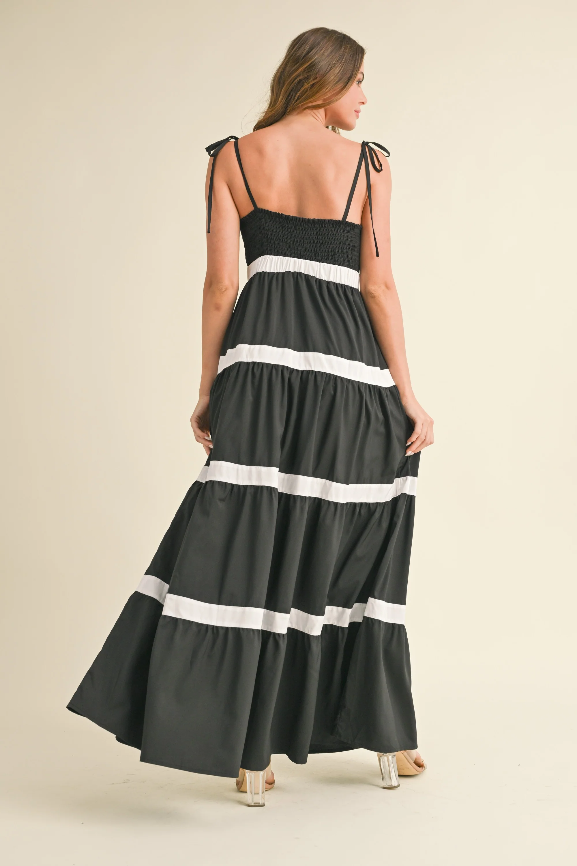 Jenny Sleeveless Shoulder Tie Stripe Print Maxi Dress Black