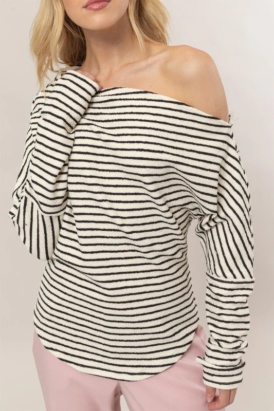 Carla Long Sleeve One Shoulder Striped Sweater Top Cream