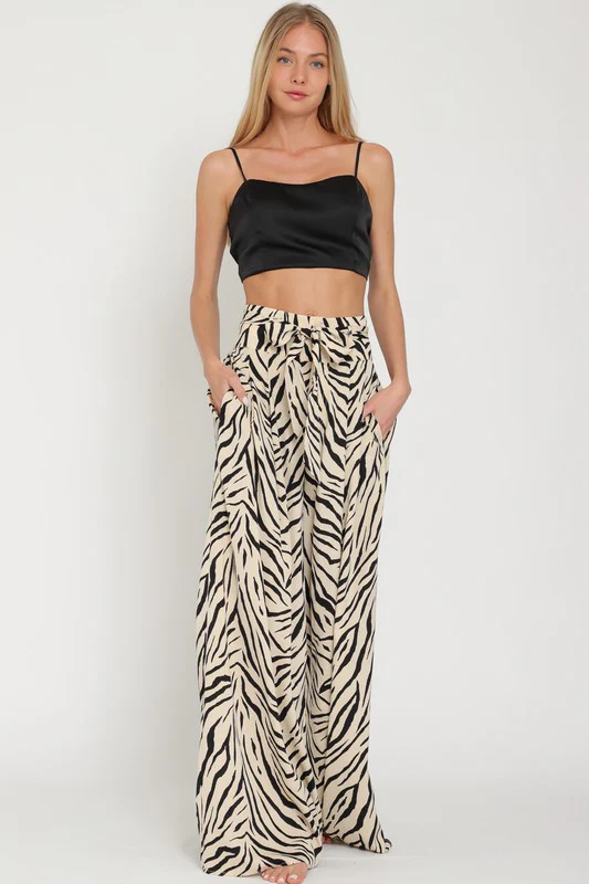Waitlist 8/30 ♥ Alex High Waist Tie Zebra Print Wide Leg Pants Beige