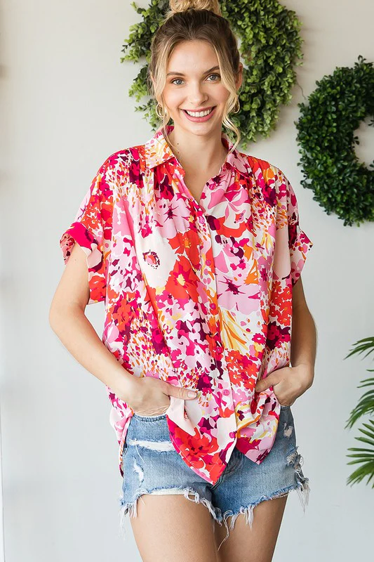 Aurora Short Sleeve Button Down Floral Print Top Fuchsia