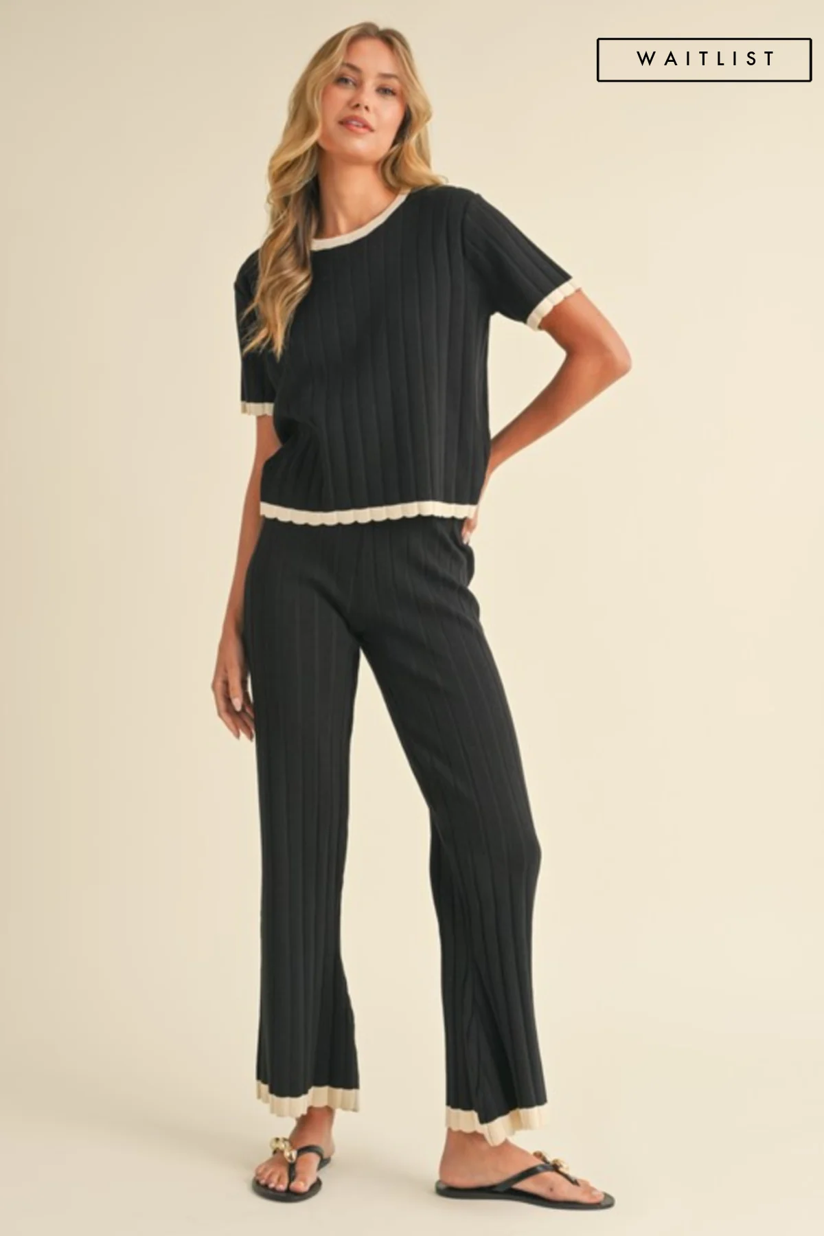 Waitlist 10/16 ♥ Belle Short Sleeve Ribbed Sweater Top And Pants Set Black