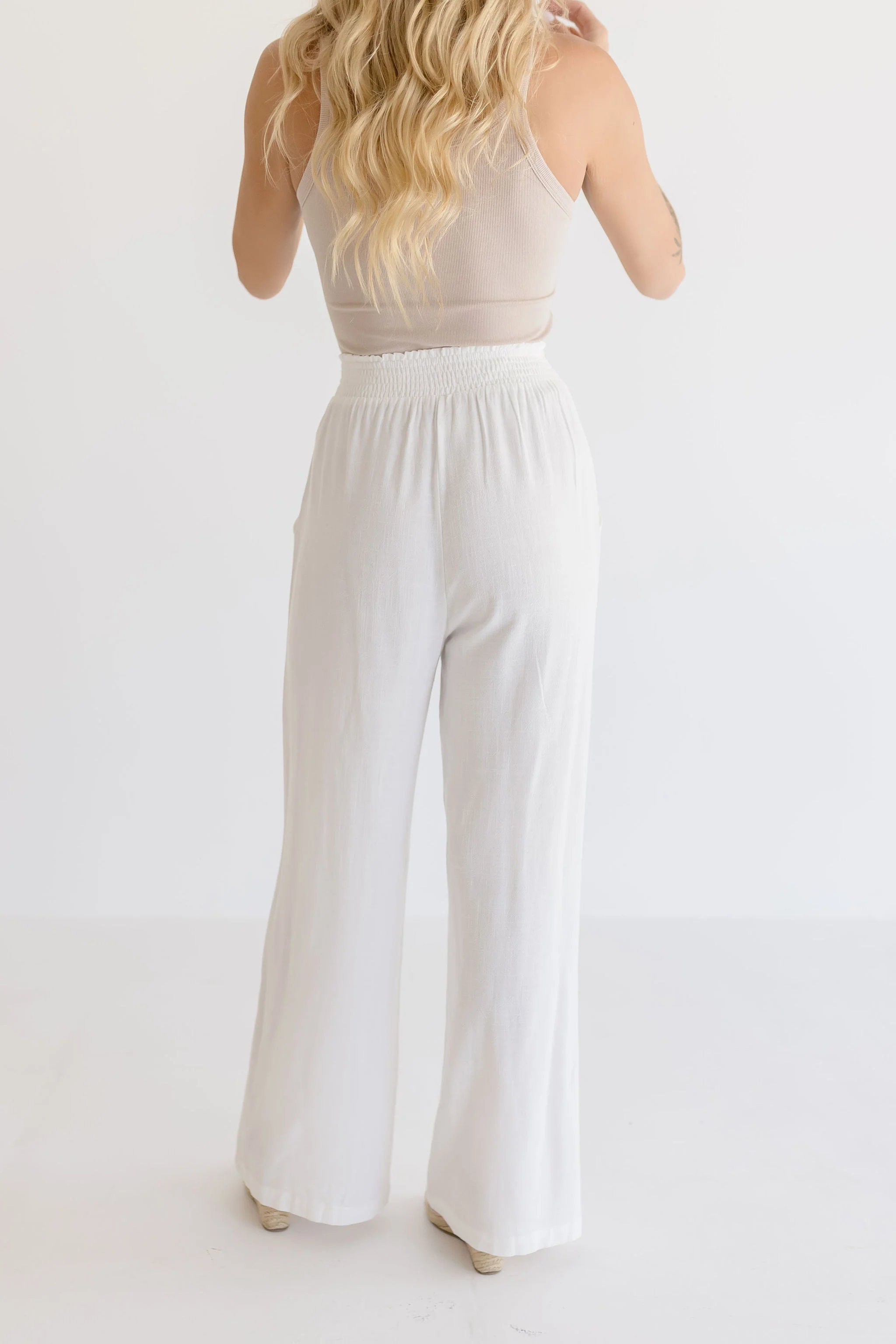 Anne Drawstring Linen Wide Leg Pants White