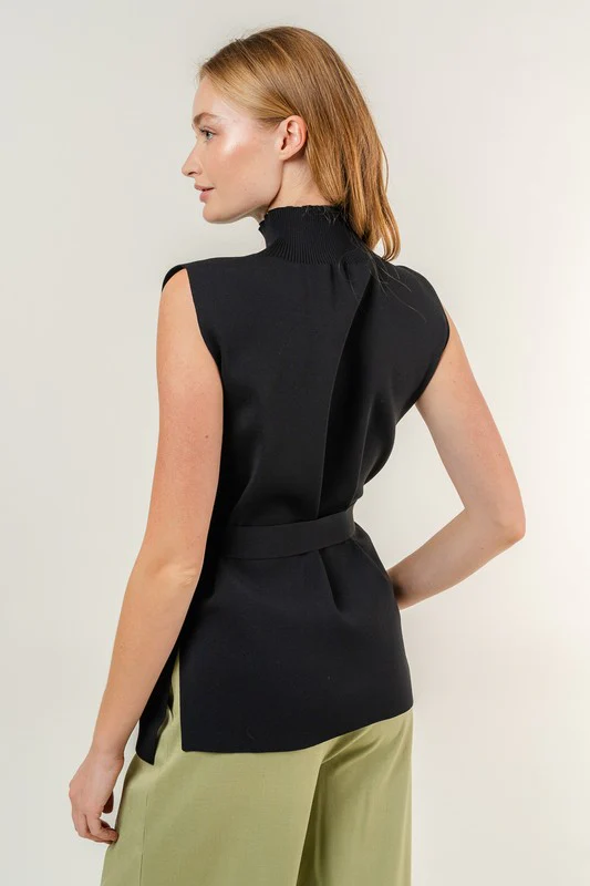 Holland Sleeveless Mock Neck Belted Top Black