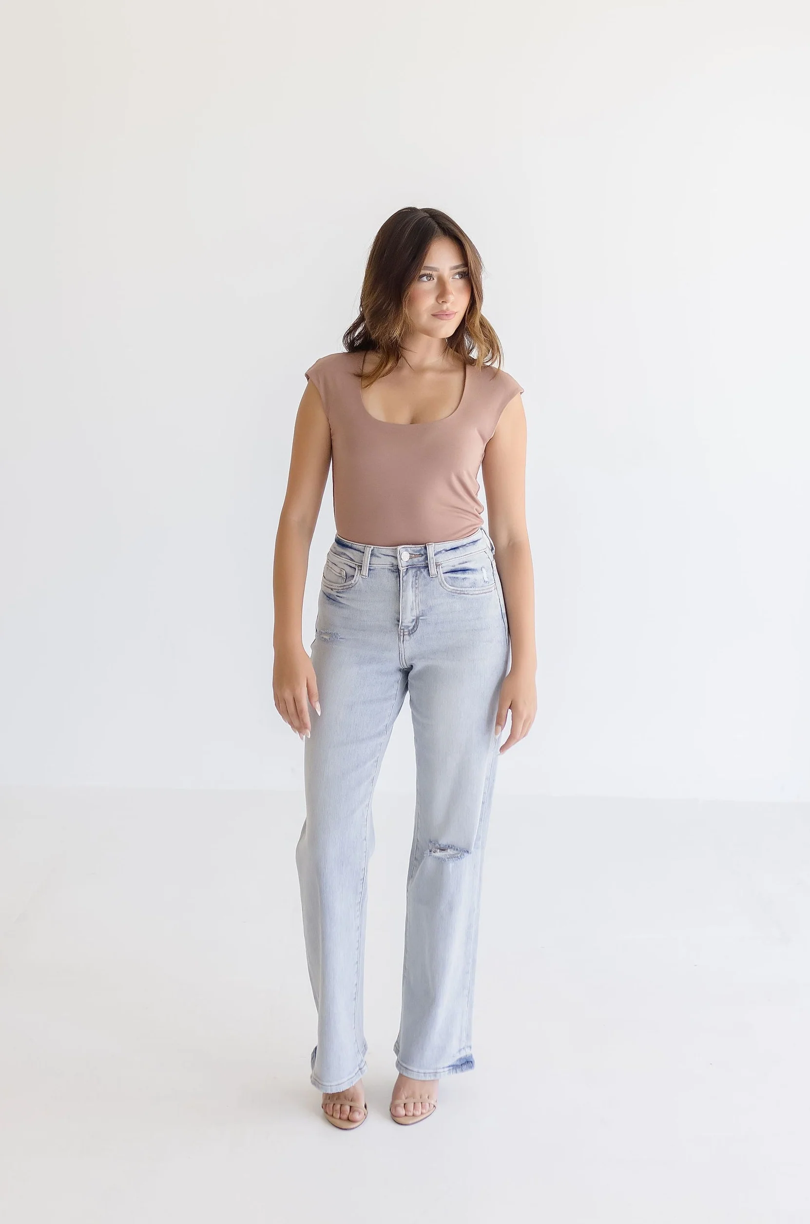 Alana High Rise Distressed Flare Leg Jeans Light Wash