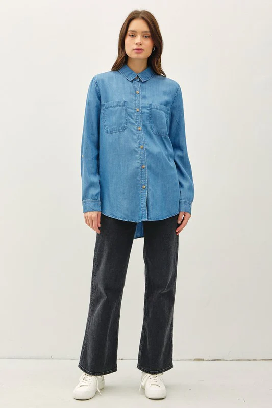 Olivia Long Sleeve Button Down Denim Top Medium Wash