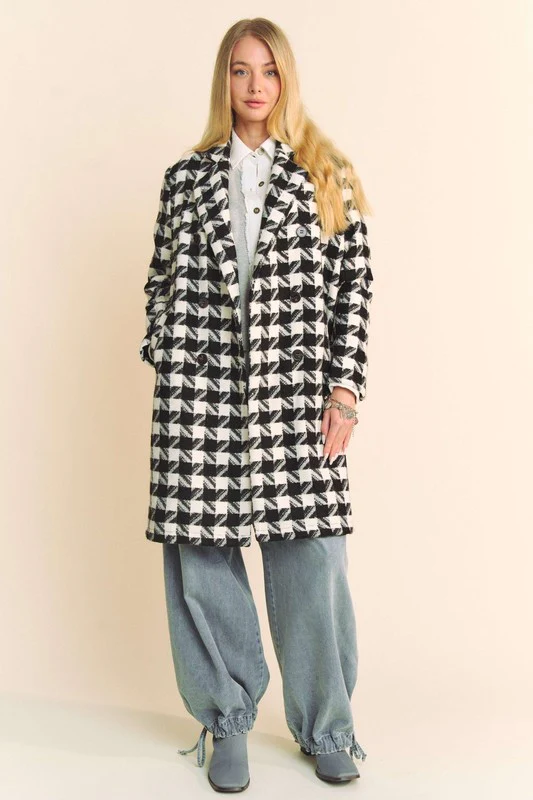 Watilist 9/18 ♥ Madison Long Sleeve Houndstooth Print Tweed Coat Black