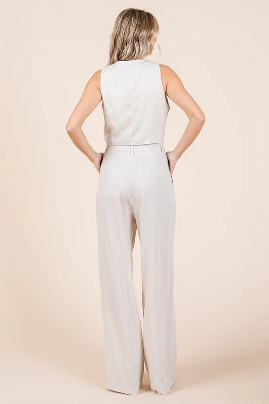 Ashlyn Linen Vest And Wide Leg Pants Set Nude