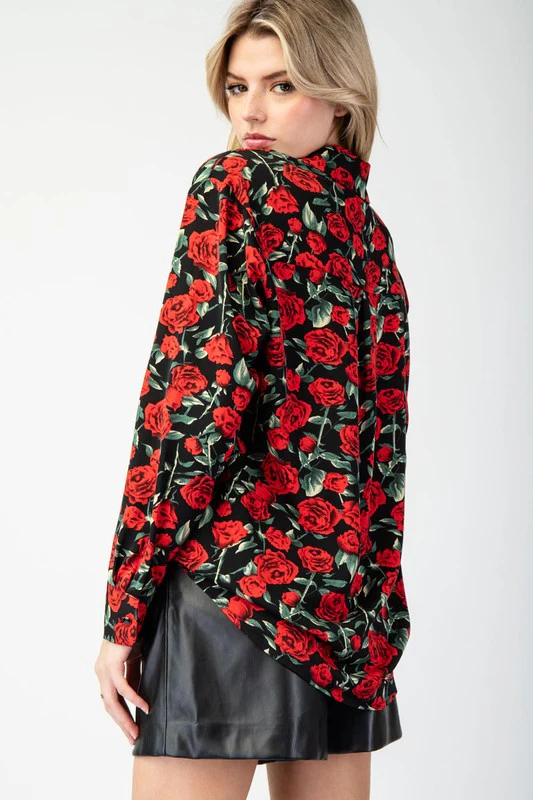 Iris Long Sleeve Rose Print Button Down Top Black