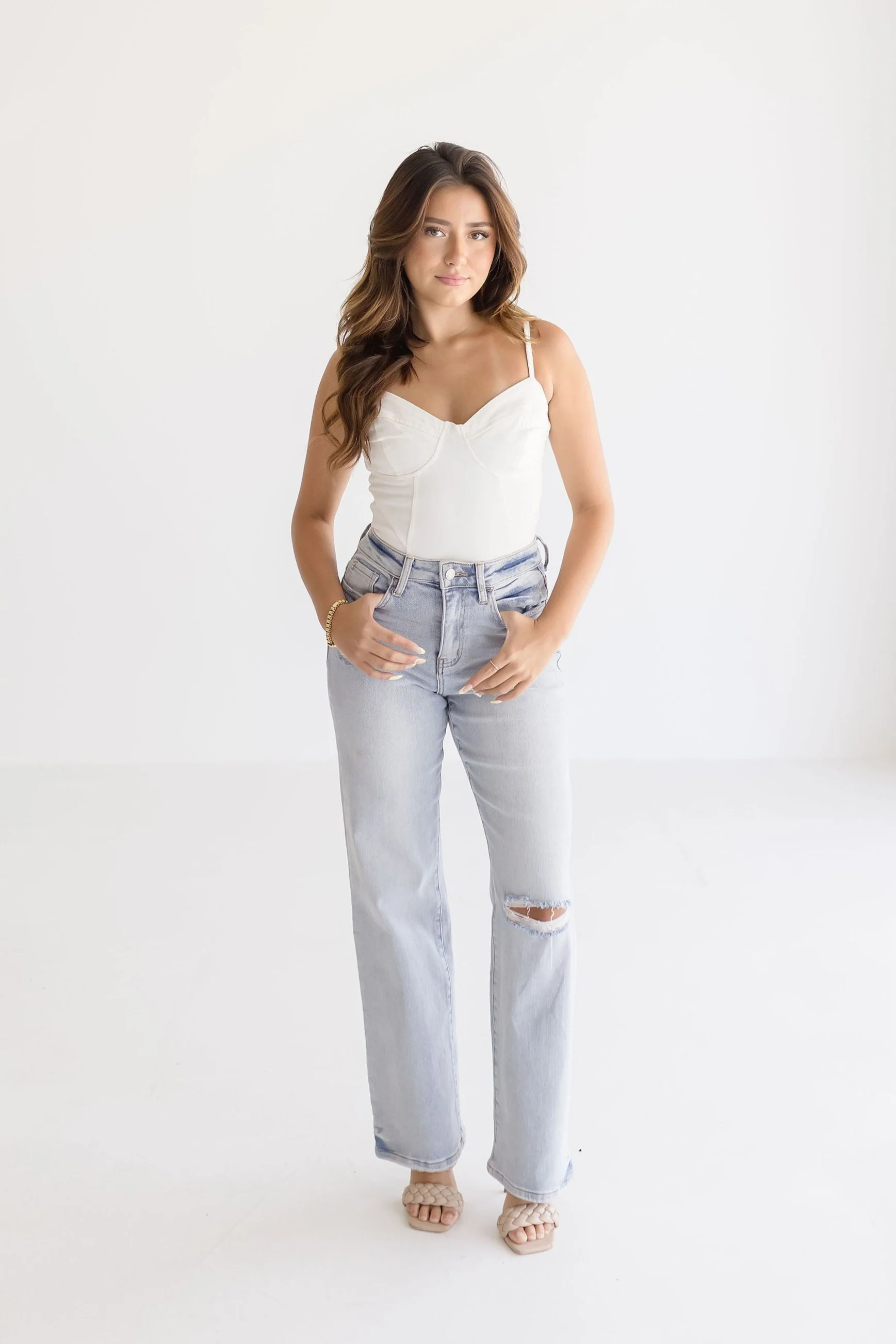 Tess Sleeveless Denim Bodysuit White