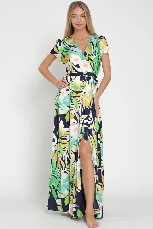 Joanna Short  Sleeve Tropical Print Wrap Maxi Dress Navy