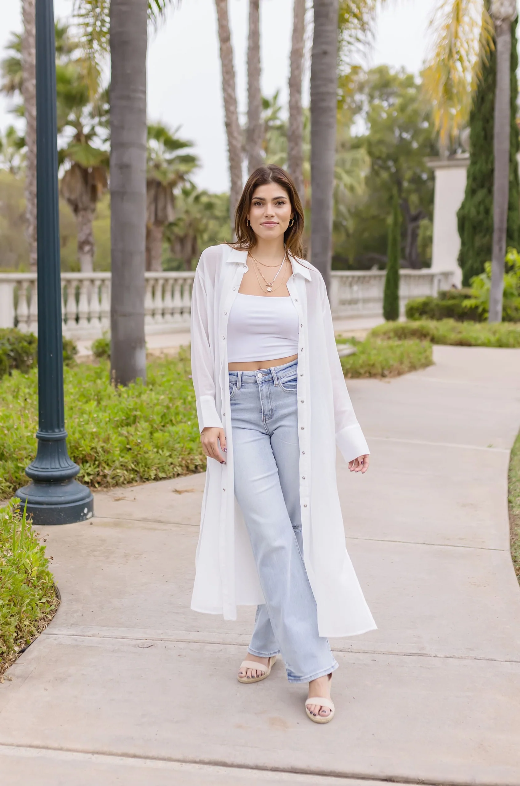 Donna Long Sleeve Snap Button Down Shirt Dress White