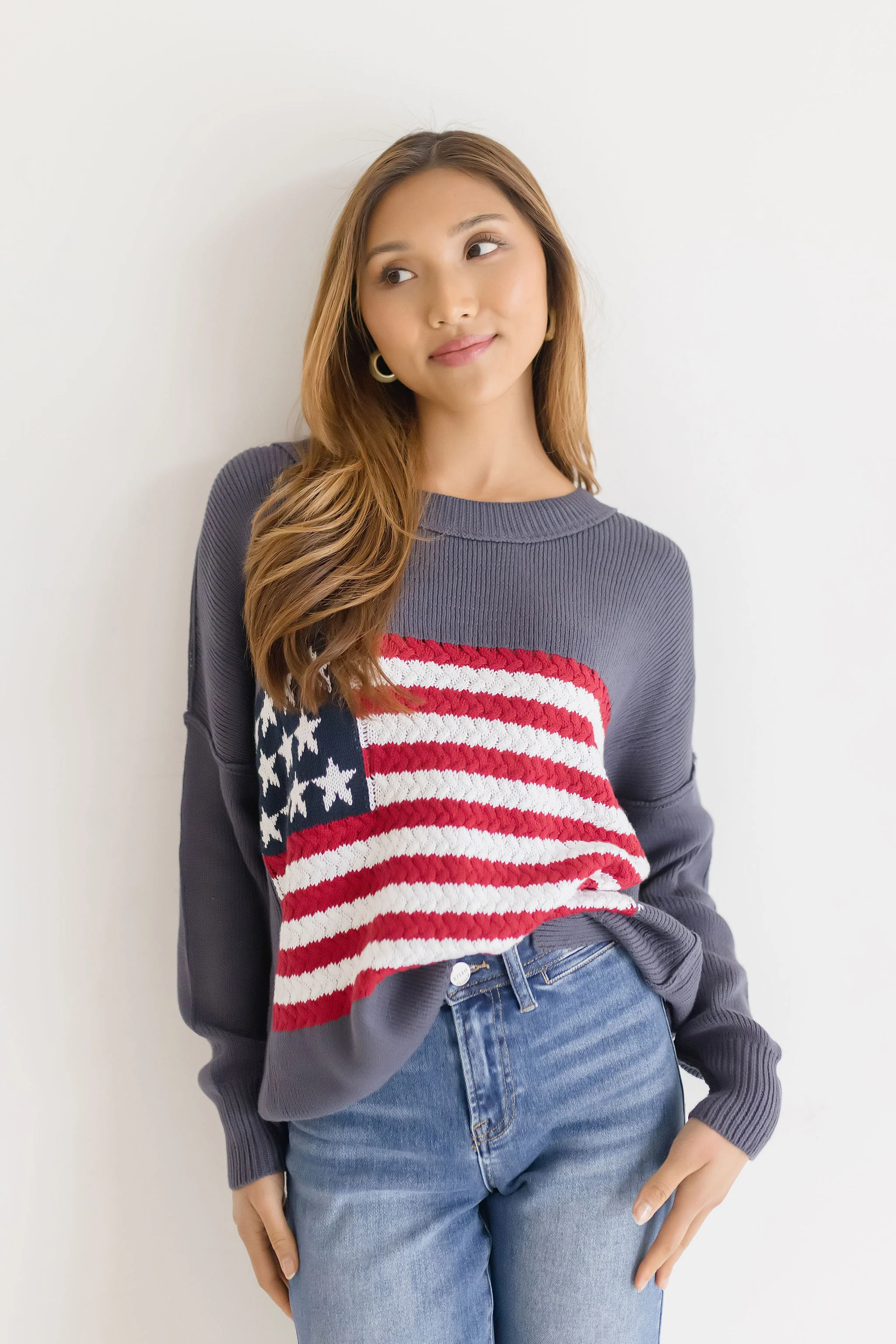 America Flag Print Sweater Top Navy