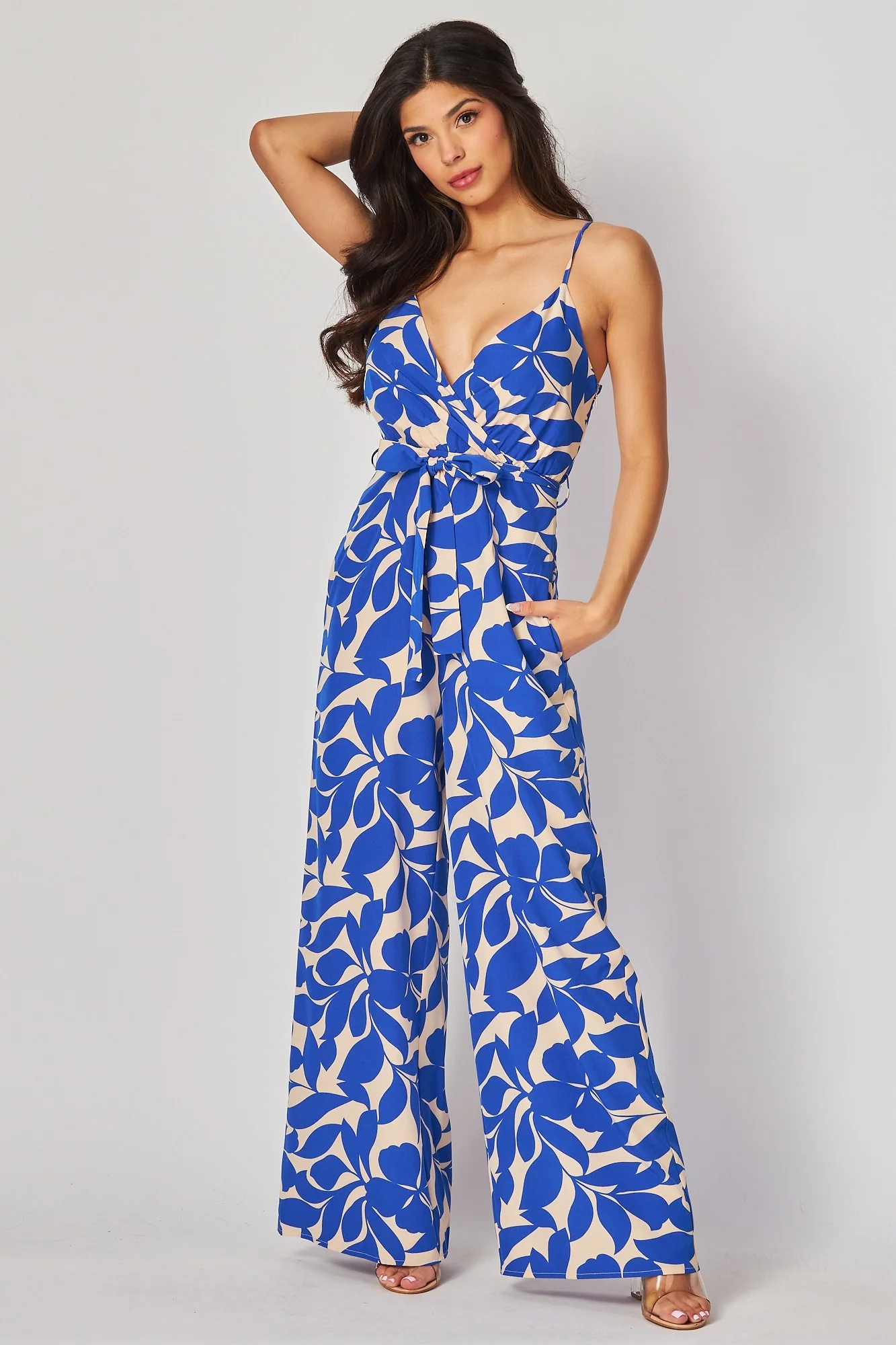 Tanya Sleeveless Floral Print Wide Leg Jumpsuit Blue