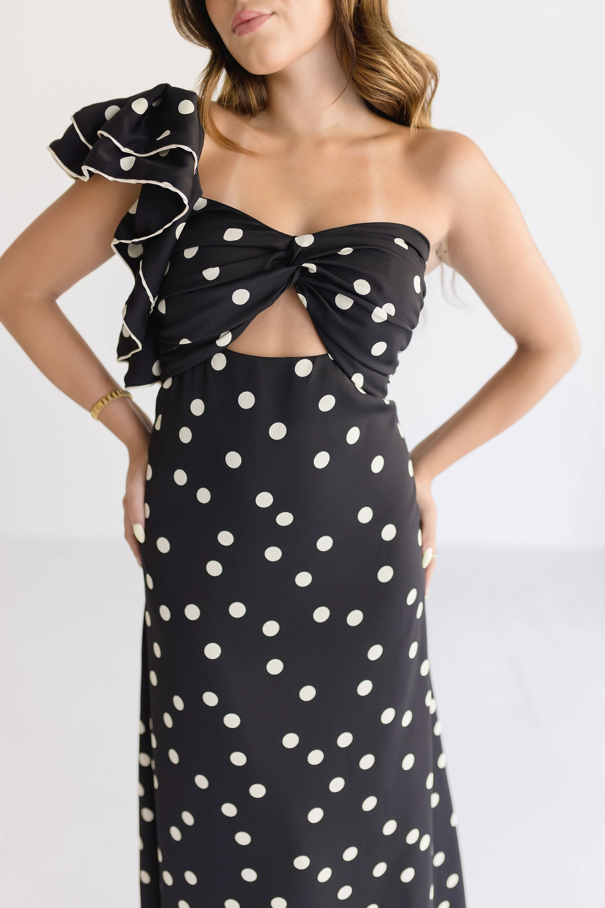 Monique One Shoulder Polka Dot Print Maxi Dress Black