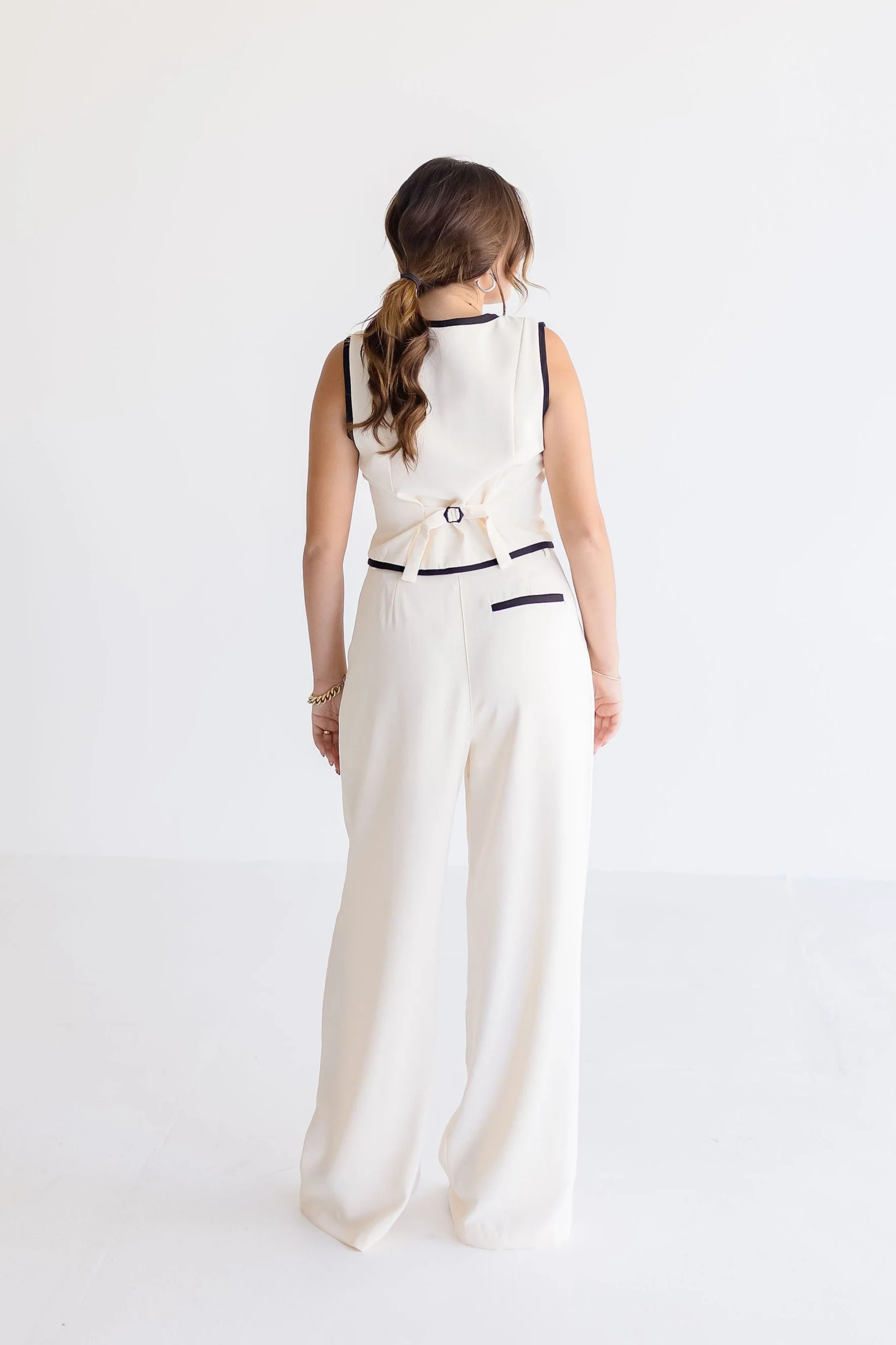 Ellie Contrasting Edge Wide Leg Pants Cream