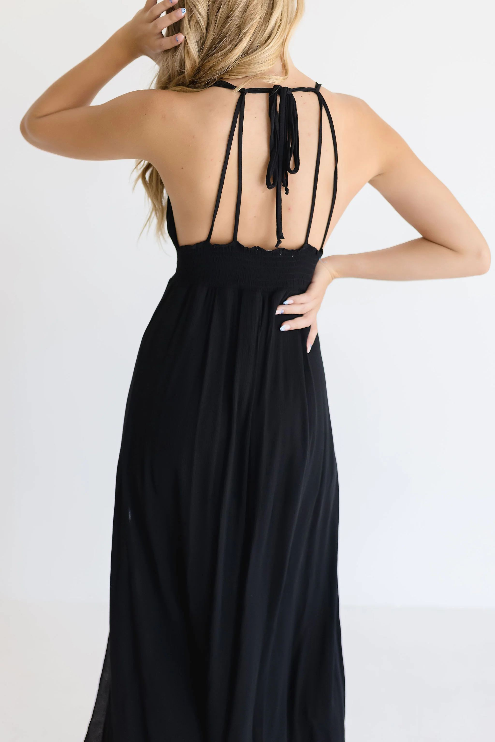 Astrid Open Back Halter Tie Maxi Dress Black