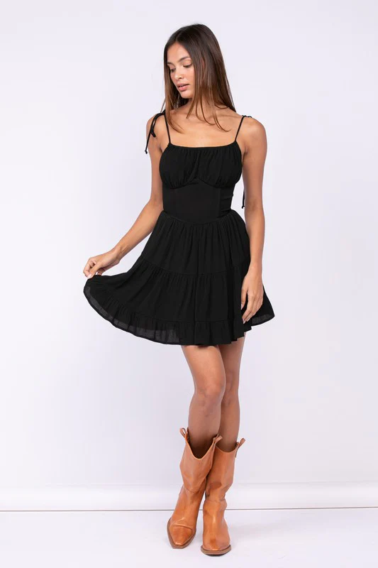 Morgan Sleeveless Shoulder Tie Mini Dress Black