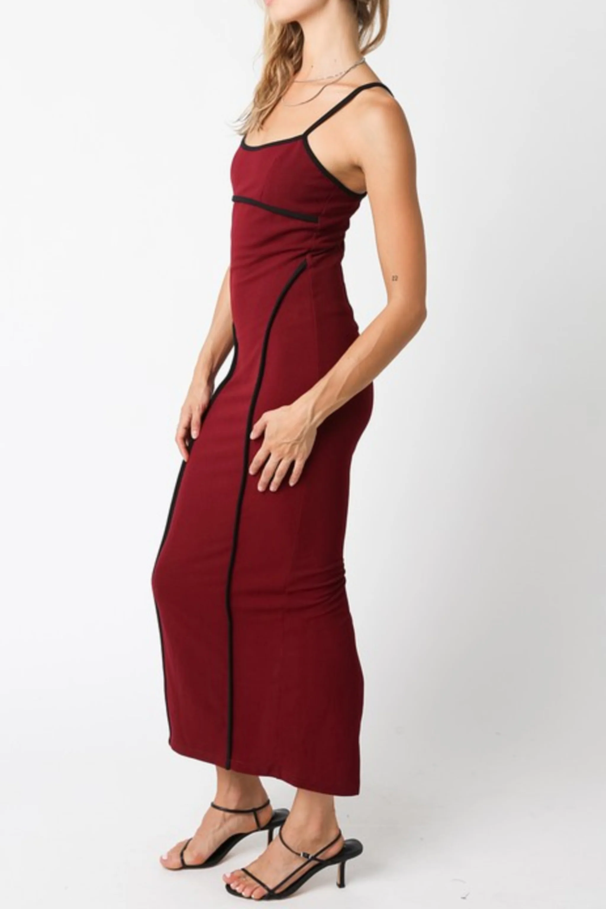 Addy Sleeveless Contrast Stitching Midi Dress Burgundy