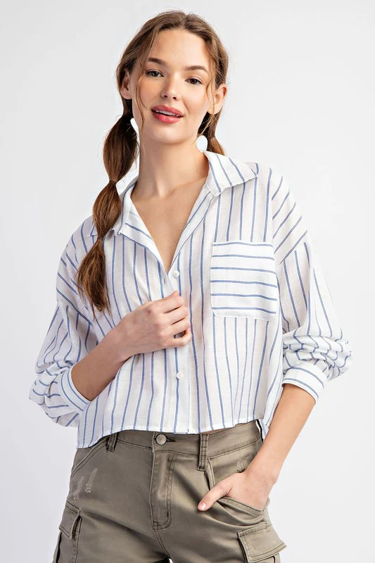 Hadley Long Sleeve Button Down Stripe Print Crop Top Blue