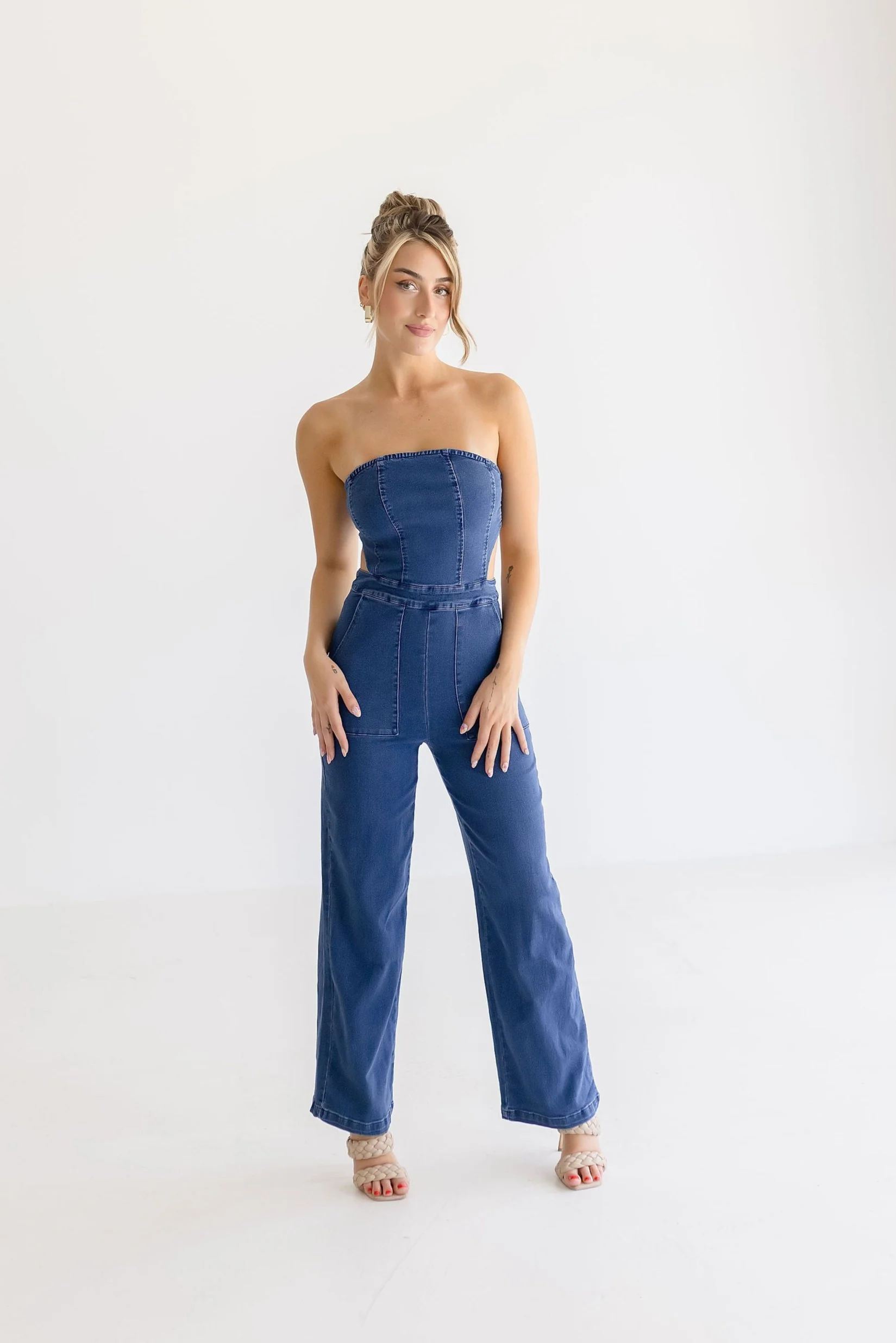 Charli Sleeveless Back Tie Wide Leg Denim Jumpsuit Dark Wash