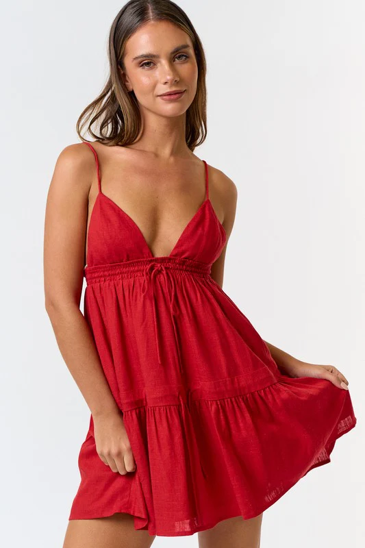 Dallas Sleeveless Shoulder Tie Linen Mini Dress Red