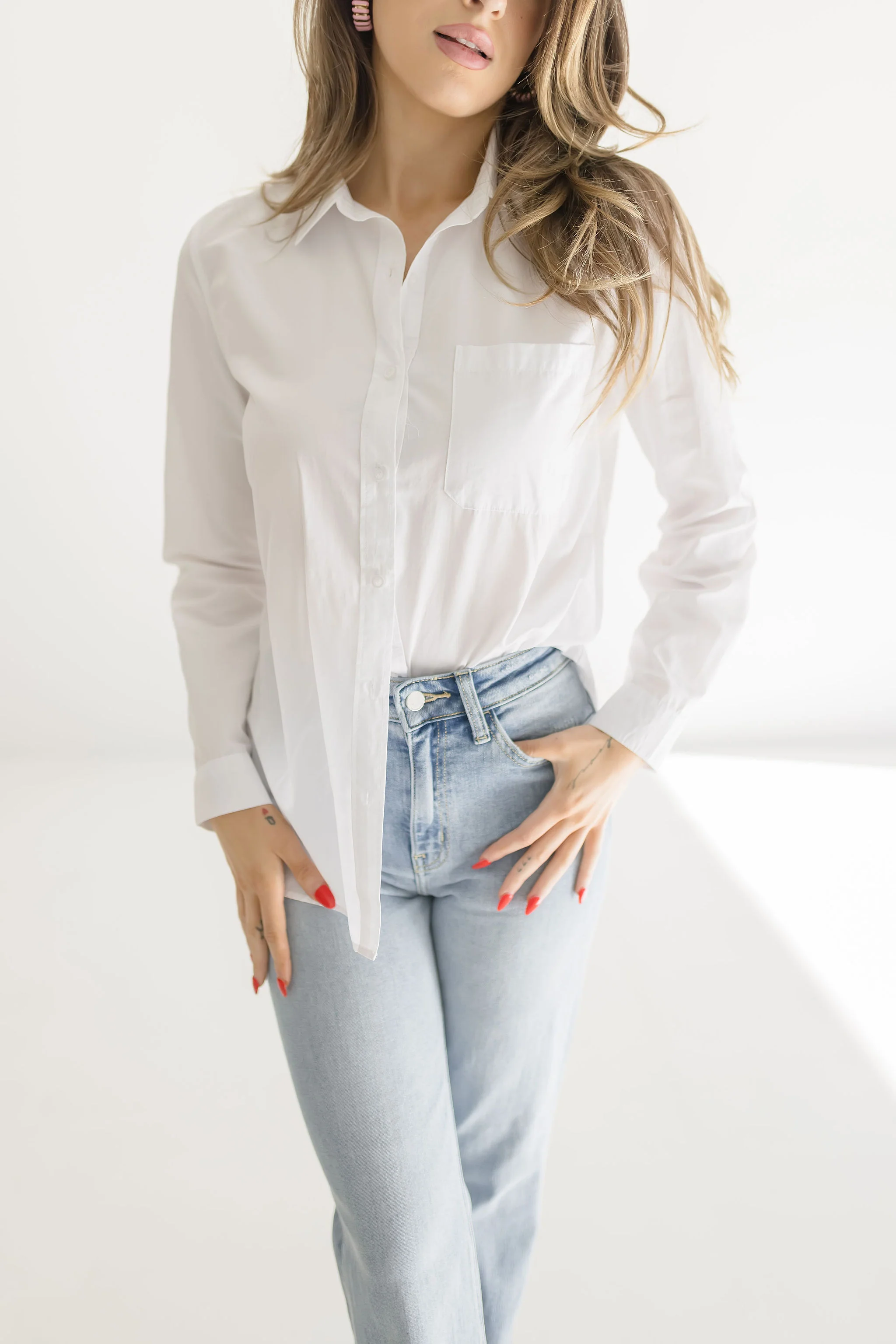 Shelly Long Sleeve Button Down Top White