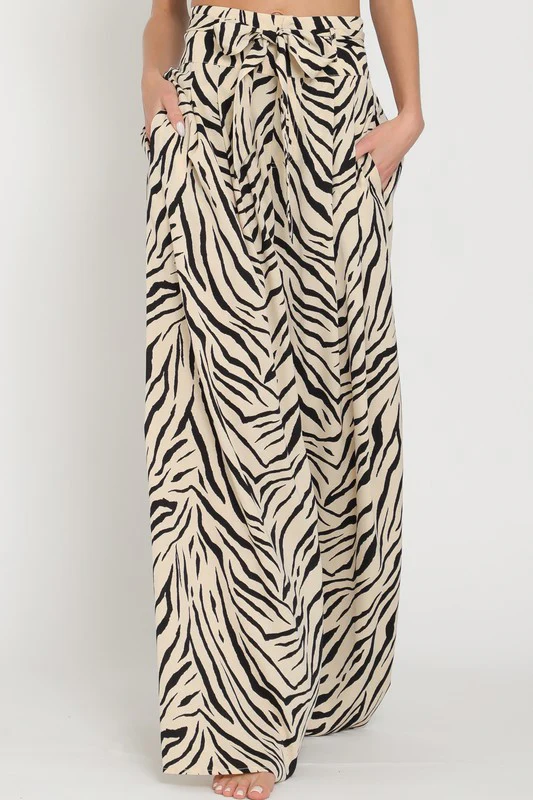Waitlist 8/30 ♥ Alex High Waist Tie Zebra Print Wide Leg Pants Beige
