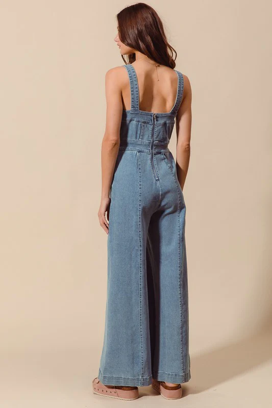Cassidy Sleeveless Wide Leg Denim Jumpsuit Light Wash