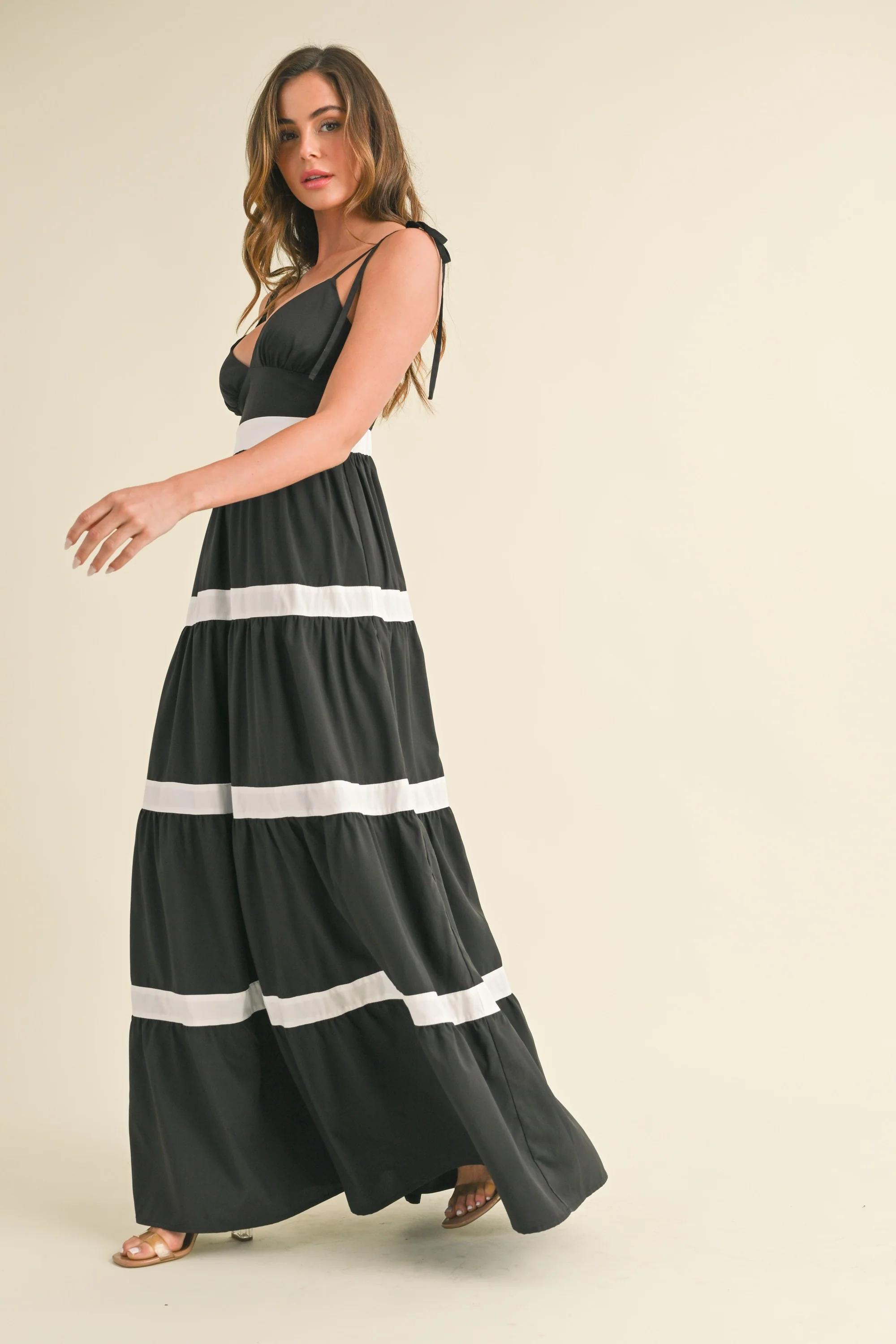 Jenny Sleeveless Shoulder Tie Stripe Print Maxi Dress Black