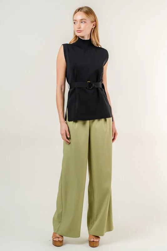Holland Sleeveless Mock Neck Belted Top Black