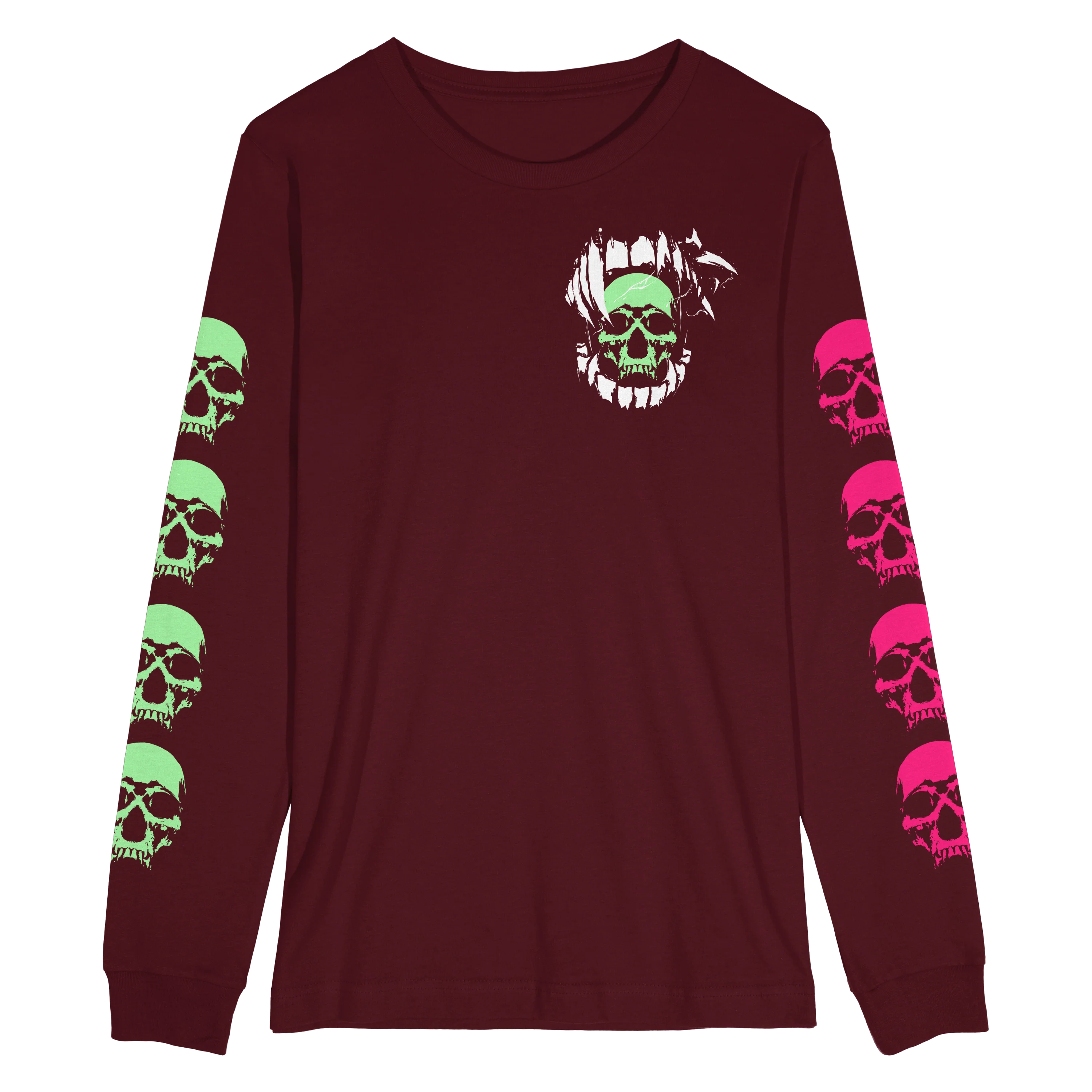 3 Skulls Long Sleeve T-Shirt Burgundy
