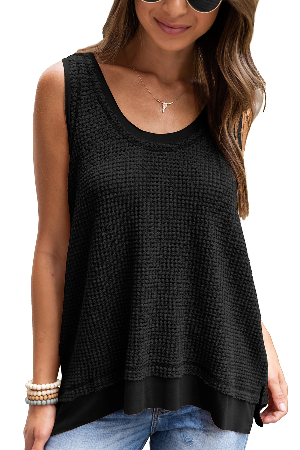 Scoop Neck Waffle Knit Flowy Vest