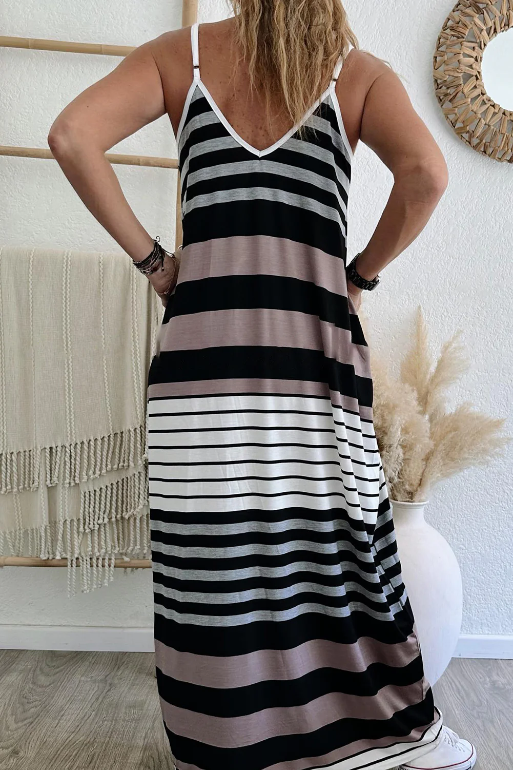 Mixed Stripes Spaghetti Straps V Neck Maxi Dress