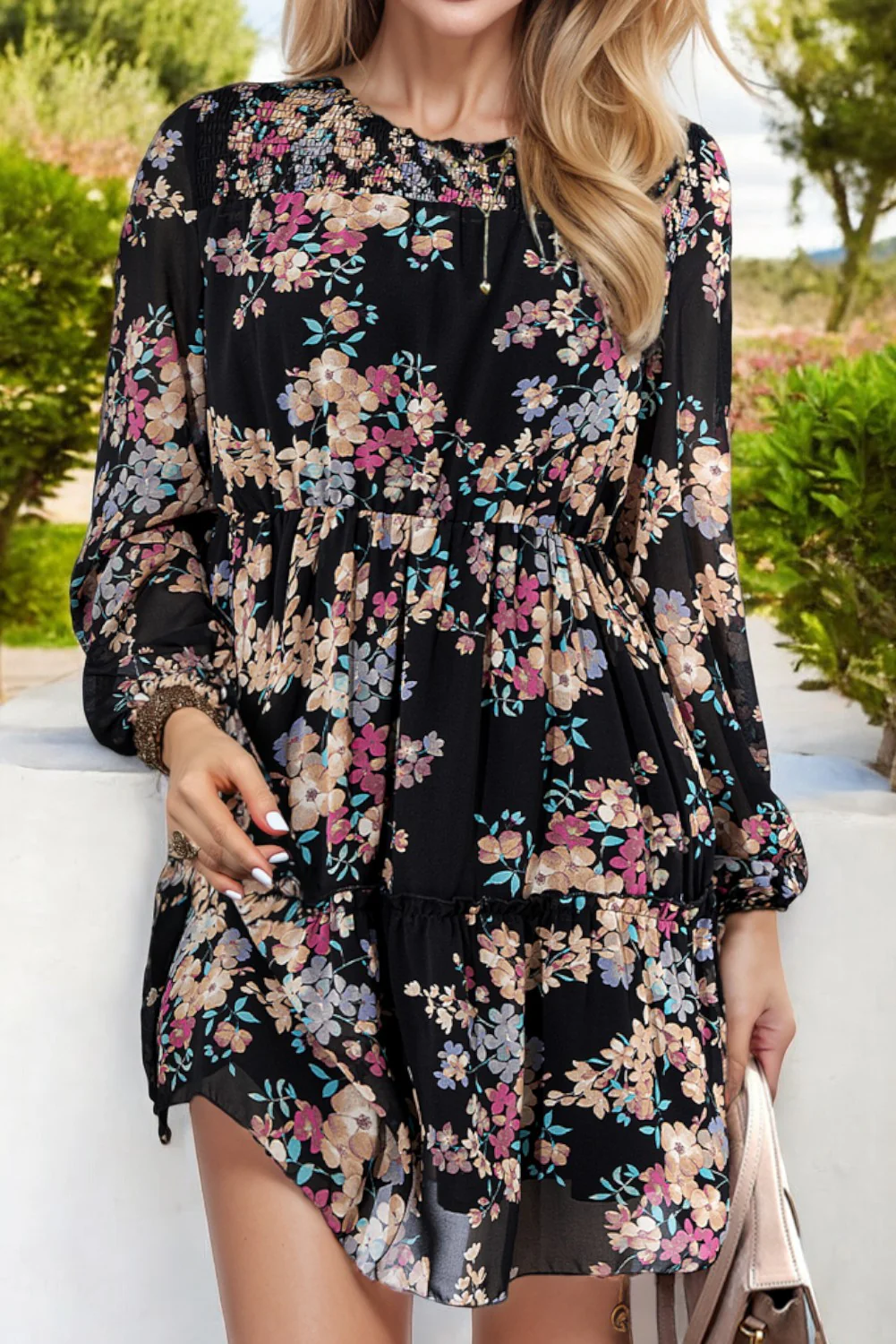 Floral Smocked Round Neck Ruffle Tiered Dress