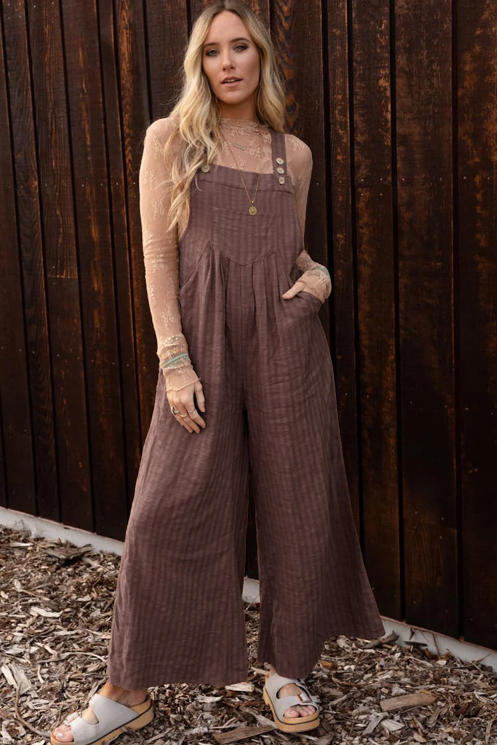 Striped Pleated Wide Leg Pocketed Jumpsuit