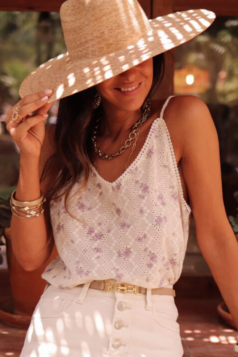 Flower Embroidered Lace Crochet V Neck Tank Top