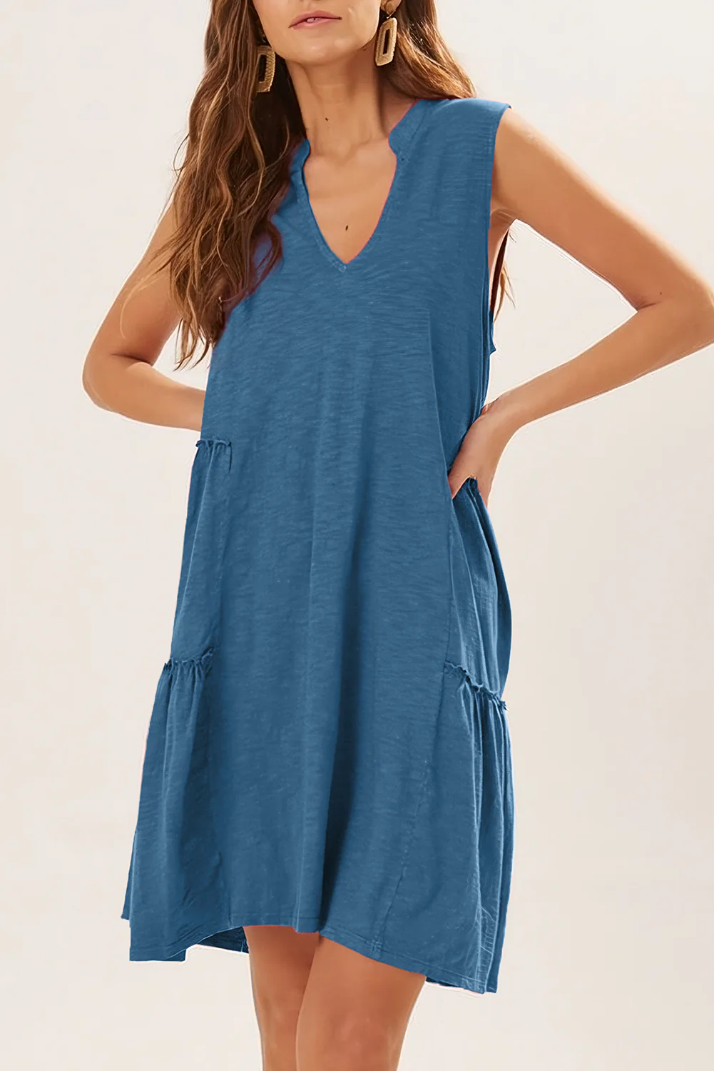 Split V Neck Tiered Flowy Sleeveless Dress