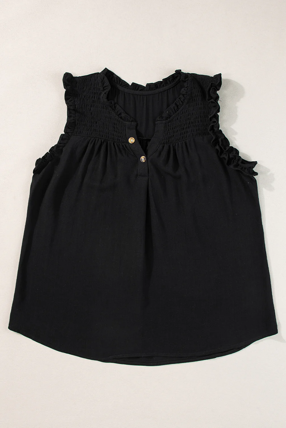 Button Split Neck Ruffled Trim Tank Top