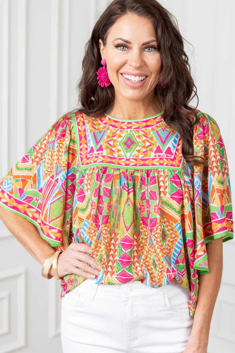 Geometric Print Bell Sleeve O Neck Babydoll Blouse