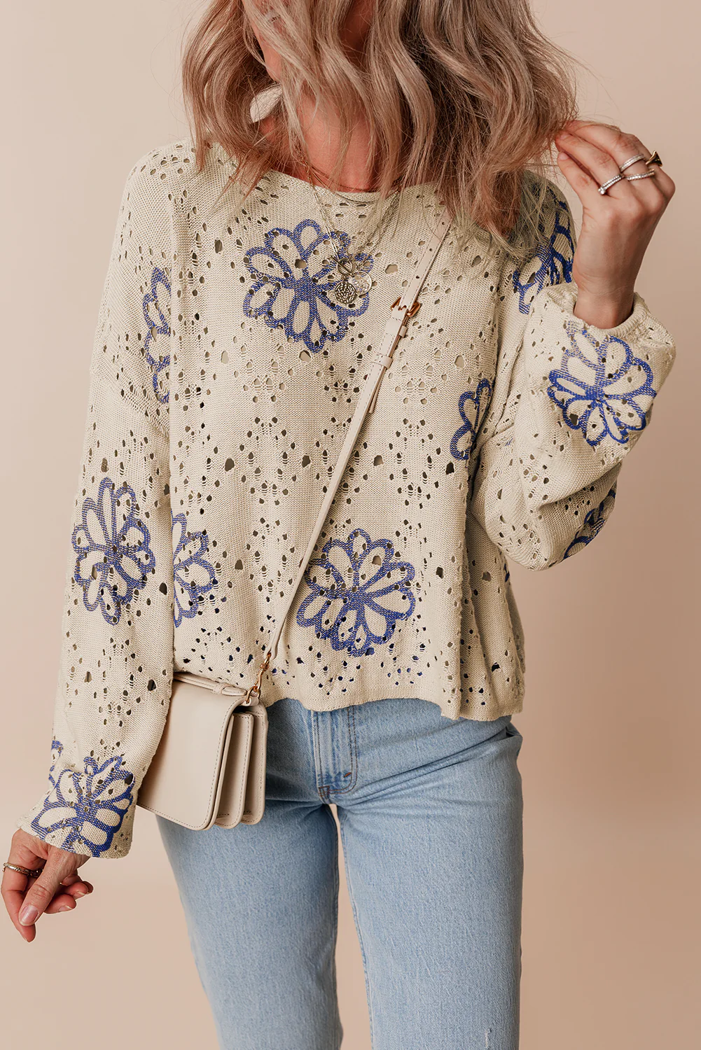 Flower Print Eyelet Drop Shoulder Sweater