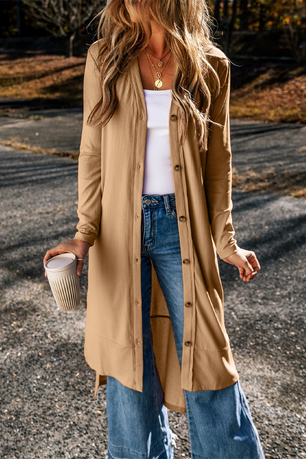 Ribbed Button-Up Split Duster Cardigan