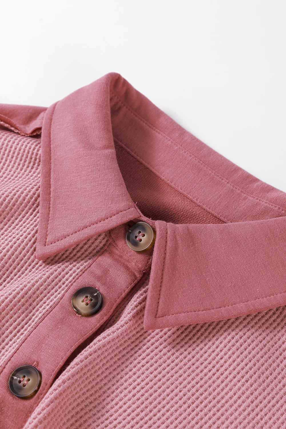 Waffle Long Sleeve Collar Half Button Loose Top