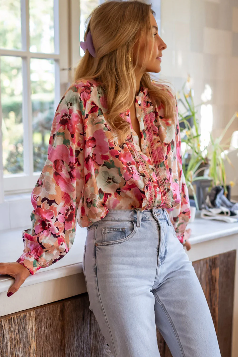 Ruffled Stitch Buttoned Loose Fit Shirt