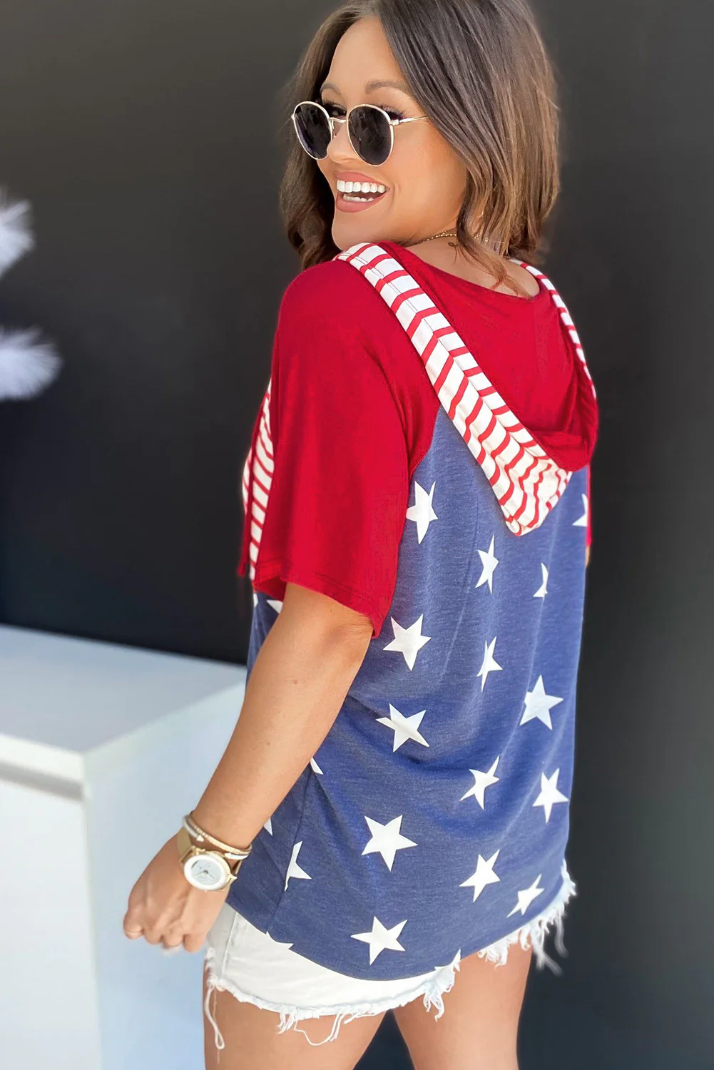 Stars and Stripes Print Drawstring Hooded T Shirt