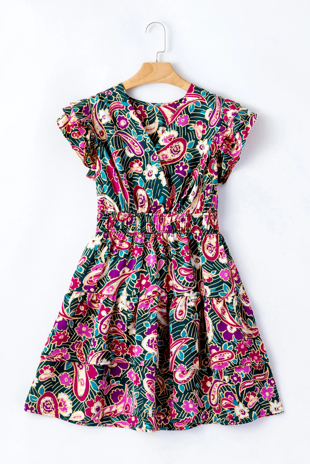 Paisley Print Flutter Sleeve Tiered Ruffle Dress