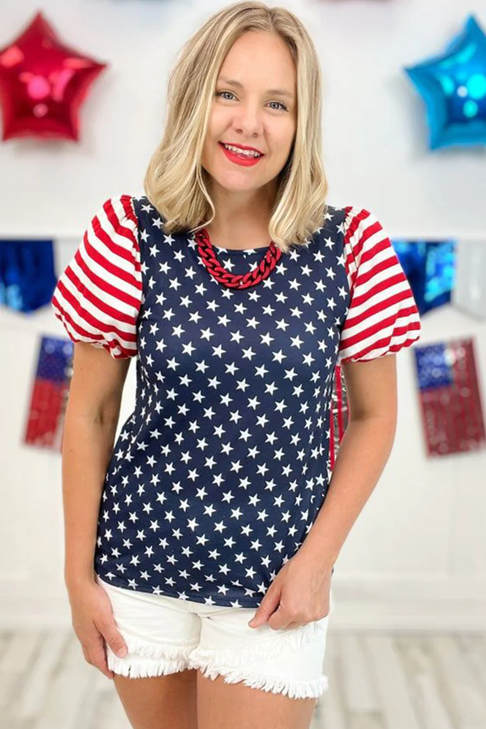4th Of July Stars Stripes Puff Sleeve T Shirt