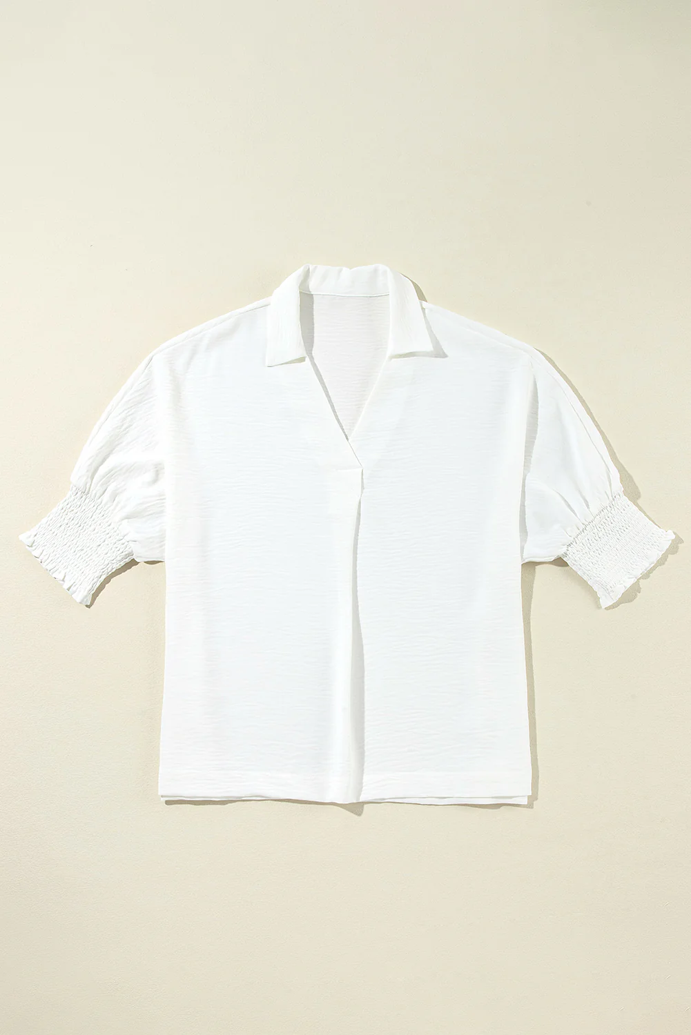 Boxy Collared Smocked Sleeve Cuffs Blouse