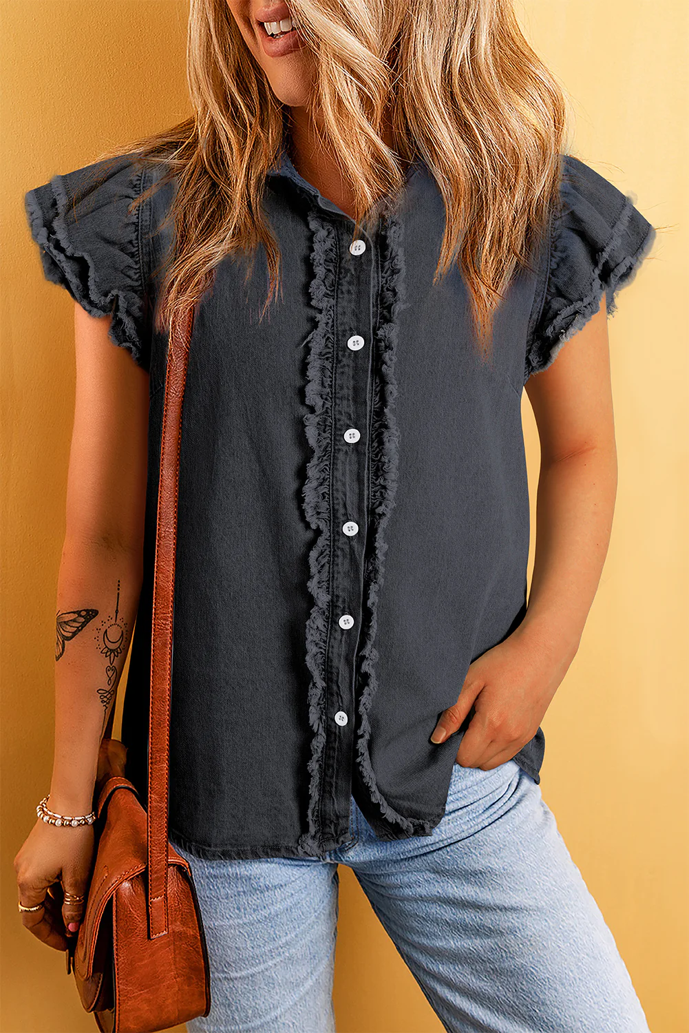 Button Front Ruffled Flutter Frayed Denim Top
